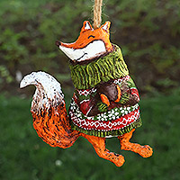 Papier mache ornament, 'Snuggly Fox' - Hand-Painted Papier Mache Christmas Fox Ornament