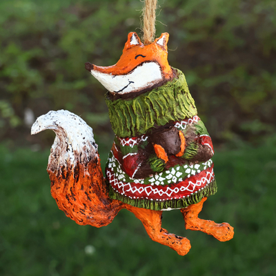 Papier mache ornament, 'Snuggly Fox' - Hand-Painted Papier Mache Christmas Fox Ornament