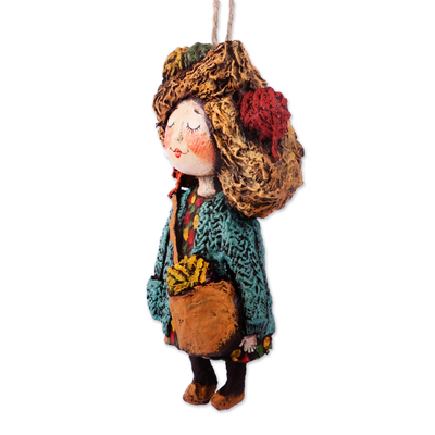 Papier mache ornament, 'Dreamy Yarns' - Hand-Painted Papier Mache Ornament of Girl and Yarns