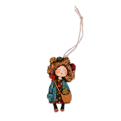 Papier mache ornament, 'Dreamy Yarns' - Hand-Painted Papier Mache Ornament of Girl and Yarns