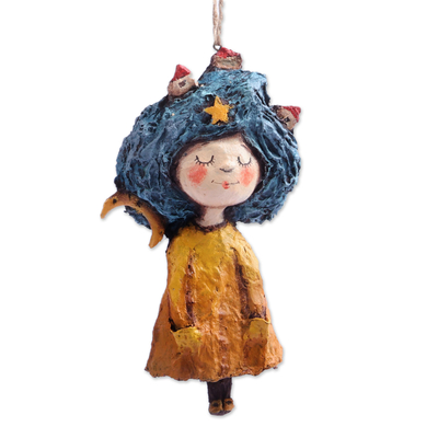 Papier mache ornament, 'Dreamy Nighttime' - Hand-Painted Papier Mache Ornament of Girl at Night