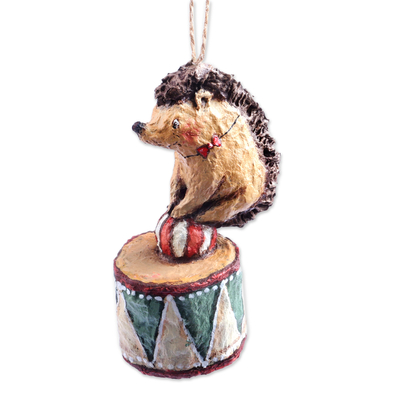 Papier mache ornament, 'Hedgehog's Spectacle' - Hand-Painted Papier Mache Ornament of Hedgehog on a Drum