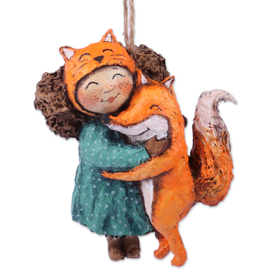 Papier mache ornament, 'Fantastic Friends' - Hand-Painted Papier Mache Ornament of Girl and Fox