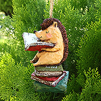 Papier mache ornament, 'Hedgehog's Delight' - Hand-Painted Papier Mache Ornament of Hedgehog and Books