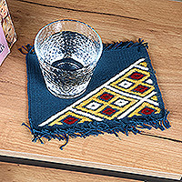 Hand-embroidered cotton coasters, 'Embellished Blue' (pair) - 2 Blue Cotton Coasters with Hand-Embroidered Geometric Motif