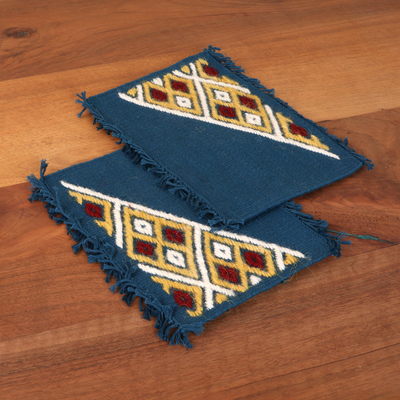 Hand-embroidered cotton coasters, 'Embellished Blue' (pair) - 2 Blue Cotton Coasters with Hand-Embroidered Geometric Motif