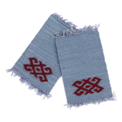 Hand-embroidered cotton coasters, 'Traditions in Grey' (pair) - 2 Handwoven Grey Cotton Coasters with Hand-Embroidered Motif