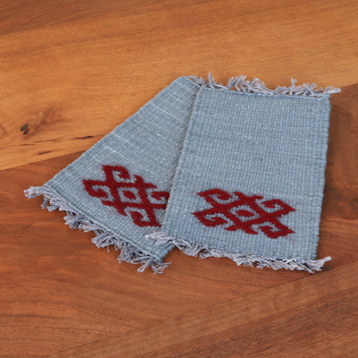 Hand-embroidered cotton coasters, 'Traditions in Grey' (pair) - 2 Handwoven Grey Cotton Coasters with Hand-Embroidered Motif