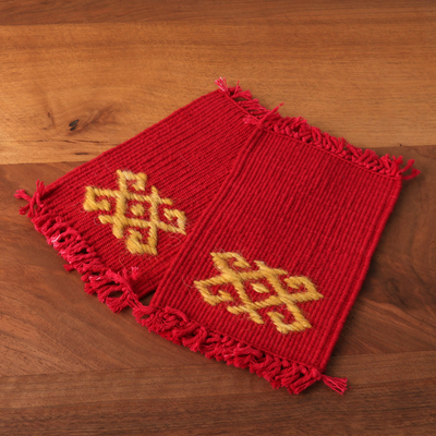 Hand-embroidered cotton coasters, 'Traditions in Red' (pair) - 2 Handwoven Red Cotton Coasters with Hand-Embroidered Motif