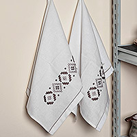 Cotton tea towels, 'Cocoa Diamonds' (pair) - Embroidered Brown and White Cotton Tea Towels (Pair)
