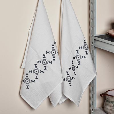 Pair of Embroidered Grey and White Cotton Tea Towels, 'Slate Serenity