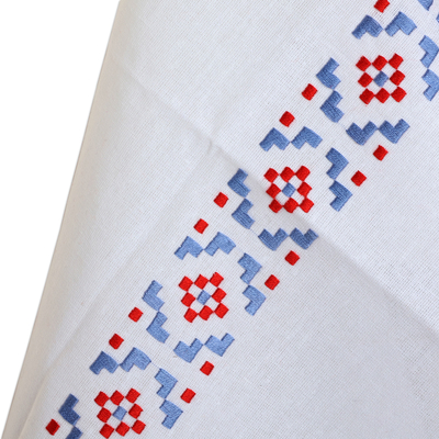Cotton tea towels, 'Intense Dreams' (pair) - Geometric Embroidered Blue and Red Cotton Tea Towels (Pair)