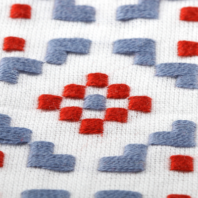 Cotton tea towels, 'Intense Dreams' (pair) - Geometric Embroidered Blue and Red Cotton Tea Towels (Pair)