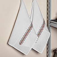 Cotton tea towels, 'Desert Essence' (pair) - Embroidered Cotton Tea Towels with Square Motifs (Pair)