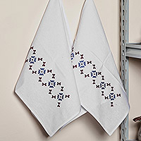 Cotton tea towels, 'Royal Serenity' (pair) - Pair of Embroidered Red and Blue Cotton Tea Towels