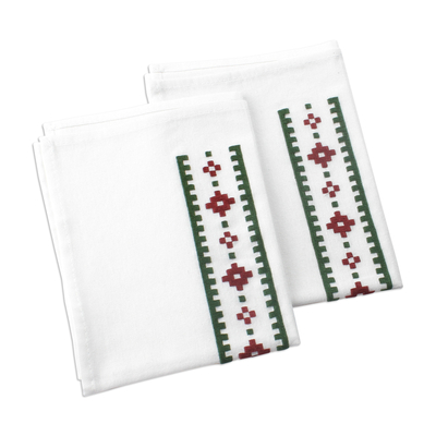 Cotton tea towels, 'Burgundy Paths' (pair) - Geometric Green and Burgundy Cotton Tea Towels (Pair)