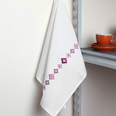 Embroidered cotton tea towel, 'Burgundy Sparkles' - Geometric Embroidered Burgundy Cotton Tea Towel