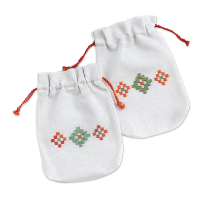 Cotton pouches, 'Spring Mist' (pair) - Set of 2 Embroidered Cotton Pouches from Armenia