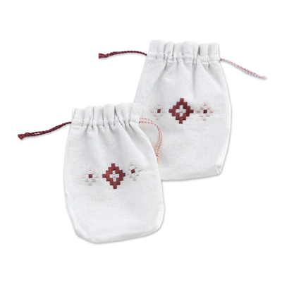 Cotton pouches, 'Latte' (pair) - Set of 2 Embroidered Cotton Pouches from Armenia
