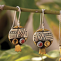 Carnelian dangle earrings, 'Crimson Fruit' - Pomegranate-Shaped Brass and Sterling Silver Dangle Earrings