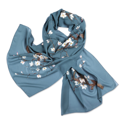 Hand-painted silk scarf, 'Teal Blooming' - Hand-Painted Floral Soft Teal Silk Scarf from Armenia