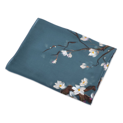 Hand-painted silk scarf, 'Teal Blooming' - Hand-Painted Floral Soft Teal Silk Scarf from Armenia