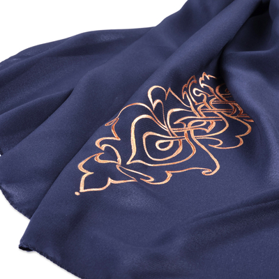 Hand-painted silk scarf, 'Blue Splendor' - Armenian Blue Silk Scarf with Hand-Painted Motifs in Gold