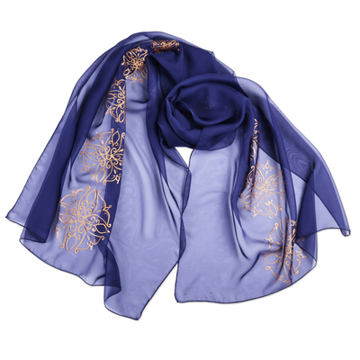 Pañuelo de seda pintado a mano - Pañuelo de seda azul y dorado floral pintado a mano de Armenia