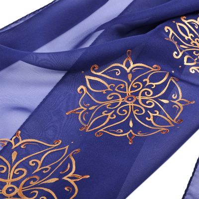 Hand-painted silk scarf, 'Flowers of Glory' - Hand-Painted Floral Blue and Golden Silk Scarf from Armenia
