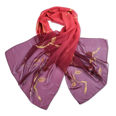 Hand-painted silk scarf, 'Chic Pomegranate' - Red Silk Scarf with Hand-Painted Pomegranate & Leaf Motifs