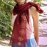 Hand-painted silk scarf, 'Burgundy Flowers' - Burgundy Silk Scarf with Hand-Painted Floral Motifs in Gold