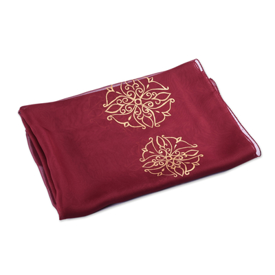 Hand-painted silk scarf, 'Burgundy Flowers' - Burgundy Silk Scarf with Hand-Painted Floral Motifs in Gold