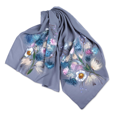 Hand-painted silk scarf, 'Chic Bouquet' - Grey Silk Scarf with Hand-Painted Floral Motifs from Armenia