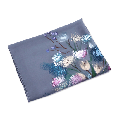 Hand-painted silk scarf, 'Chic Bouquet' - Grey Silk Scarf with Hand-Painted Floral Motifs from Armenia