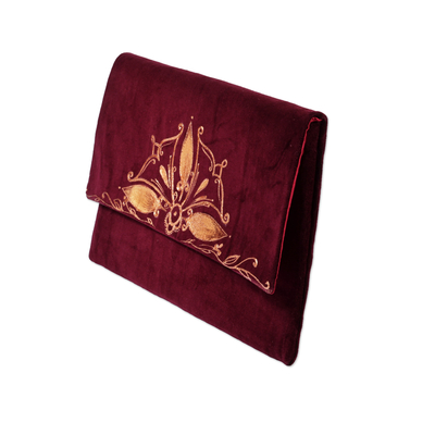 Velvet clutch, 'Wine & Glamour' - Hand-Painted Wine and Golden Velvet Clutch with Snap Closure