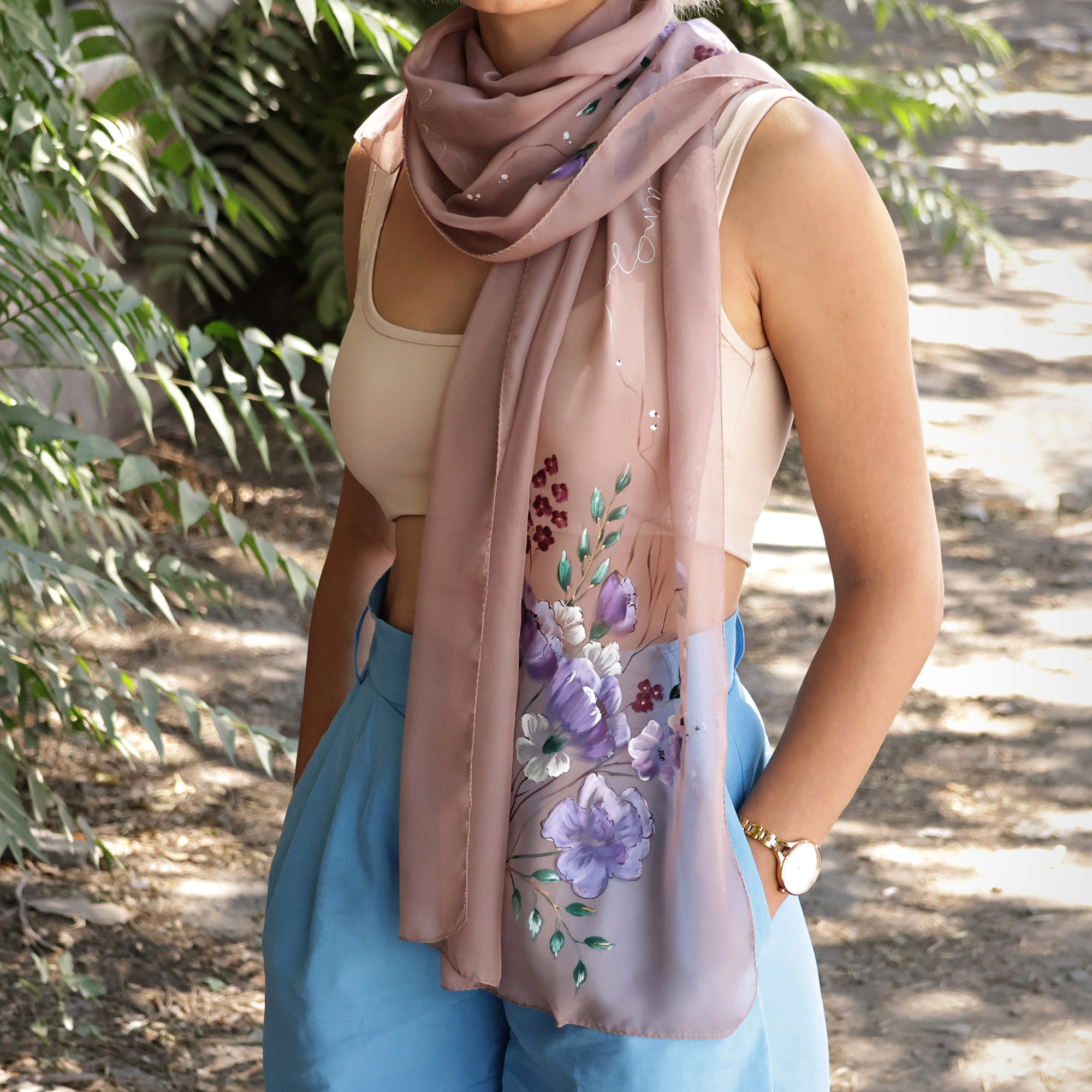 Hand-Painted Floral Semi-Sheer Pink Silk Scarf from Armenia, 'Blooming  Grace