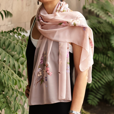 Hand-painted silk scarf, 'Blooming Grace' - Hand-Painted Floral Semi-Sheer Pink Silk Scarf from Armenia
