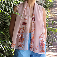 Hand-painted silk scarf, 'Beige Eden' - Bird and Pomegranate-Themed Hand-Painted Beige Silk Scarf