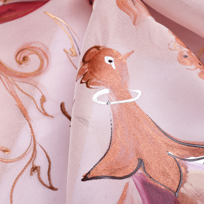 Pañuelo de seda pintado a mano - Pañuelo de seda beige pintado a mano con temática de pájaros y granadas
