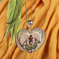 Sterling silver pendant necklace, 'Romance in Armenia' - Embroidered Floral Heart-Shaped Filigree Pendant Necklace