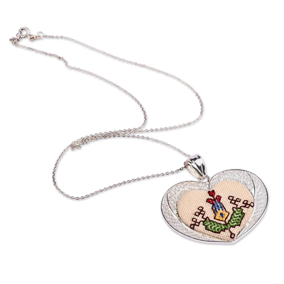 Collar colgante de plata esterlina - Collar con colgante de filigrana floral bordado en forma de corazón