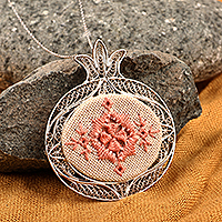 Sterling silver filigree pendant necklace, 'Passion Omen' - Embroidered Pomegranate-Shaped Filigree Pendant Necklace