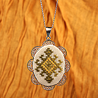 Sterling silver filigree pendant necklace, 'Duchess Sparkle' - Embroidered Yellow Sterling Silver Filigree Pendant Necklace
