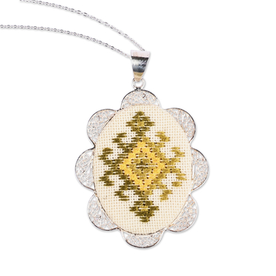 Sterling silver filigree pendant necklace, 'Duchess Sparkle' - Embroidered Yellow Sterling Silver Filigree Pendant Necklace