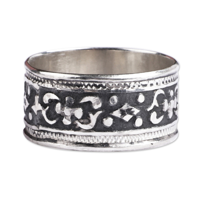 Sterling silver band ring, 'Ancestral Power' - Traditional Floral Sterling Silver Band Ring from Armenia