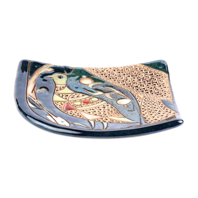Plato de cerámica esmaltada, 'Pájaro de la elegancia' - Plato de cerámica azul esmaltado tradicional con temática de pájaros