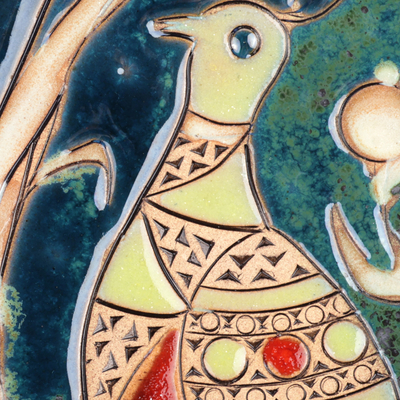 Plato de cerámica esmaltada, 'Pájaro de la elegancia' - Plato de cerámica azul esmaltado tradicional con temática de pájaros