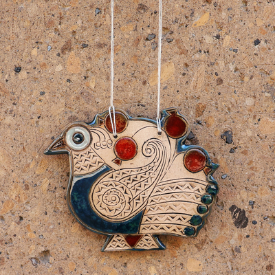 Ceramic ornament, 'Spiritual Messenger' - Peacock and Pomegranate-Themed Blue and Red Ceramic Ornament