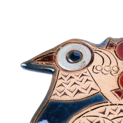 Keramikornament, „Spiritueller Bote“ – blaues und rotes Keramikornament mit Pfauen- und Granatapfelmotiv