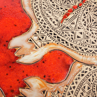 Glazed ceramic platter, 'Abundance Realm' - Triangular Red-Orange Ceramic Platter with Traditional Theme